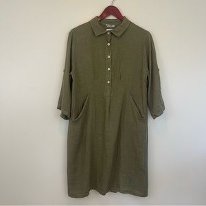 Elena Baldi 100% Linen Made in Italy Green Roll tab Sleeve Tunic Dress Large